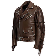 Load image into Gallery viewer, Men's Vintage Brown Genuine Leather Jacket with Fringe Studded Western Rockstar Style

