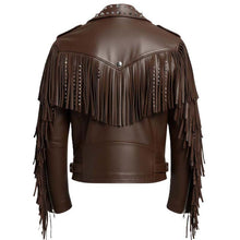 Load image into Gallery viewer, Men's Vintage Brown Genuine Leather Jacket with Fringe Studded Western Rockstar Style
