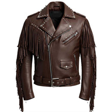Load image into Gallery viewer, Men's Vintage Brown Genuine Leather Jacket with Fringe Studded Western Rockstar Style
