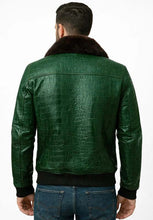 Load image into Gallery viewer, Green Crocodile Embossed Leather Bomber Jacket Men
