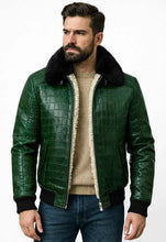 Load image into Gallery viewer, Green Crocodile Embossed Leather Bomber Jacket Men

