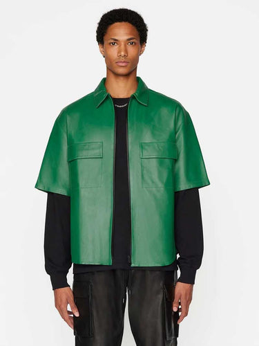Men's Green Leather Half Sleeve Shirt - Glory Store UK