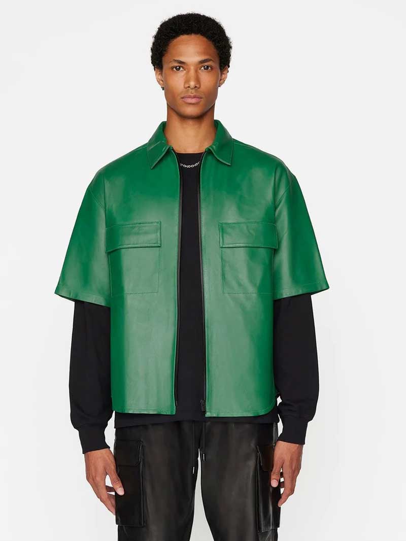 Men's Green Leather Half Sleeve Shirt - Glory Store UK