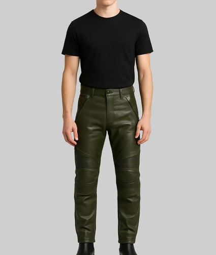 Mens Green Regular Style Leather Pants
