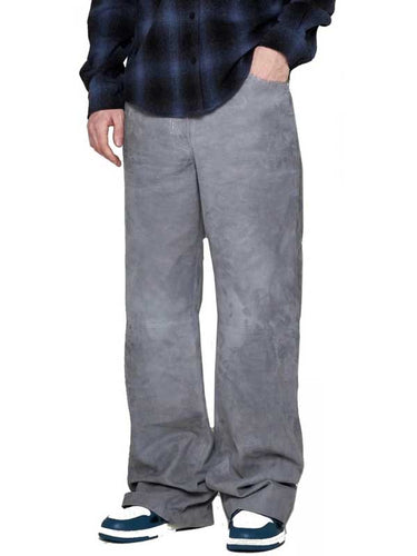 Mens Grey Wide Leg Suede Leather Pants