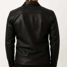 Load image into Gallery viewer, Men's Black Lambskin Leather Shirt Jacket with Custom Made Design and Button Front Style
