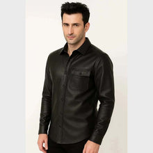 Load image into Gallery viewer, Men's Black Lambskin Leather Shirt Jacket with Custom Made Design and Button Front Style
