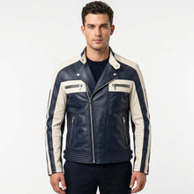Load image into Gallery viewer, Men's Navy Genuine Leather Jacket with Cream Colorblock in Retro Varsity Bomber Style
