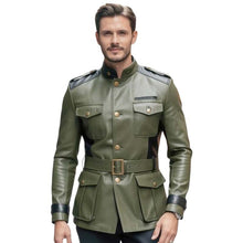 Load image into Gallery viewer, Men's Olive Green Cowhide Leather Military Jacket with Utility Field Style and Adjustable Waist Belt
