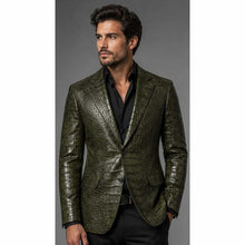 Load image into Gallery viewer, Men's Olive Green Crocodile Embossed Leather Jacket UK
