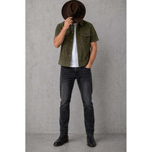 Load image into Gallery viewer, Men's Olive Green Suede Leather Jacket with Short Sleeve in Vintage Trucker Style
