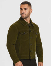 Load image into Gallery viewer, Men's Olive Green Suede Leather Jacket With Western Style and Button Front
