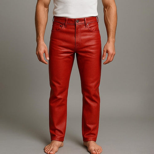 Mens Genuine Sheepskin Red Leather Five Pocket Pants