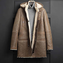Load image into Gallery viewer, Men's Brown Sheepskin Shearling Long Coat With Detachable Hood in Winter Style
