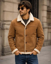 Load image into Gallery viewer, Men's Tan Suede Sheepskin Coat with Shearling Lining in Vintage B3 Aviator Style
