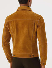 Load image into Gallery viewer, Men's Tan Suede Leather Trucker Jacket With Vintage Motorcycle Style
