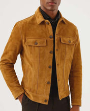 Load image into Gallery viewer, Men's Tan Suede Leather Trucker Jacket With Vintage Motorcycle Style
