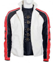 Load image into Gallery viewer, Men's White Red and Black Real Leather Biker Jacket with Lapel Collar and Belted Cuffs
