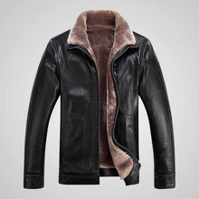 Load image into Gallery viewer, Black leather jacket with brown fur lining
