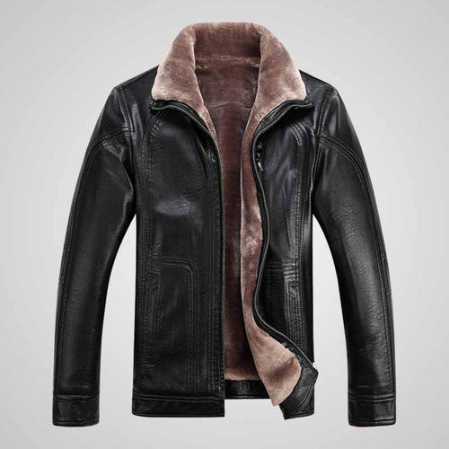 Men’s Winter Leather Jacket - Faux Sheepskin Lined Jacket