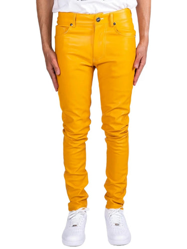 Mens Yellow Leather Jeans with Five Pockets