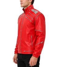 Load image into Gallery viewer, Men's Red Real Leather Beat It Jacket with Erect Collar Iconic Celebrity Style
