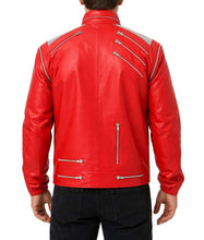 Load image into Gallery viewer, Men's Red Real Leather Beat It Jacket with Erect Collar Iconic Celebrity Style
