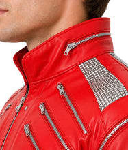 Load image into Gallery viewer, Men's Red Real Leather Beat It Jacket with Erect Collar Iconic Celebrity Style
