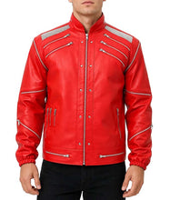 Load image into Gallery viewer, Men's Red Real Leather Beat It Jacket with Erect Collar Iconic Celebrity Style

