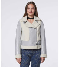 Load image into Gallery viewer, new design womens light blue shearling leather biker jacket
