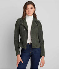 Load image into Gallery viewer, new design womens olive suede leather biker jacket
