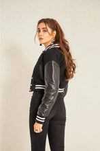 Load image into Gallery viewer, New Women&#39;s Black Wool &amp; Leather Cropped Varsity Moto Biker Jacket
