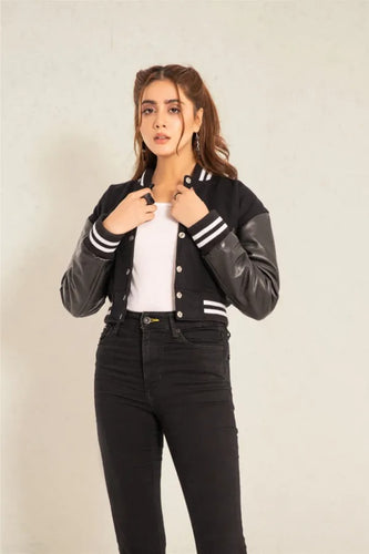 New Women's Black Wool & Leather Cropped Varsity Moto Biker Jacket