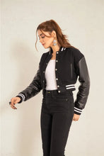 Load image into Gallery viewer, New Women&#39;s Black Wool &amp; Leather Cropped Varsity Moto Biker Jacket
