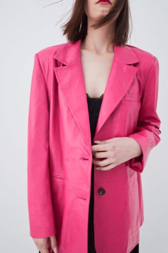 Women's Pink Long Genuine Leather Blazer