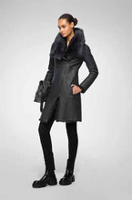 Load image into Gallery viewer, online womens matte black sheepskin leather coat
