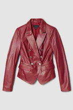 Load image into Gallery viewer, premium womens maroon leather blazer with double breasted
