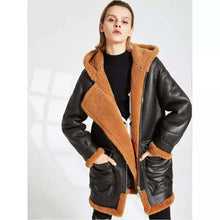 Load image into Gallery viewer, premium womens parka black shearling leather coat
