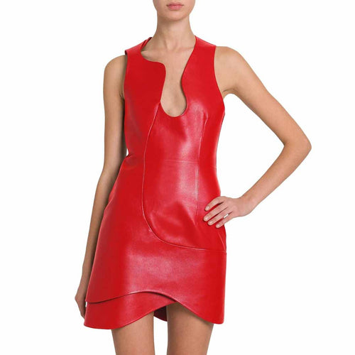 Red Leather Asymmetric Evening Mini Dress