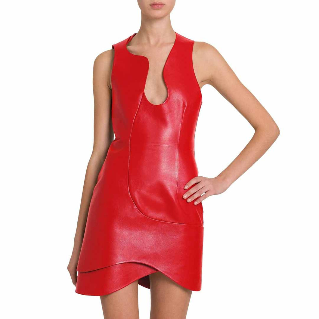 Red Leather Asymmetric Evening Mini Dress