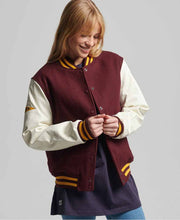 Load image into Gallery viewer, shop womens maroon varsity leather jacket with white sleeves
