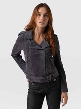 Load image into Gallery viewer, shop womens matte black biker suede leather jacket
