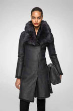 Load image into Gallery viewer, shop womens matte black sheepskin leather coat

