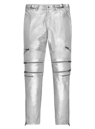Silver Electric Zipper Leather Pants