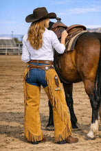 Load image into Gallery viewer, Women's Tan Buckskin Suede Leather Chaps with Fringe in Handmade Western Cowgirl Style
