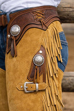 Load image into Gallery viewer, Women's Tan Buckskin Suede Leather Chaps with Fringe in Handmade Western Cowgirl Style
