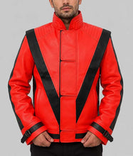 Load image into Gallery viewer, Men's Red and Black Real Leather Thriller Jacket with Stand Up Collar
