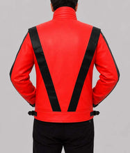Load image into Gallery viewer, Men's Red and Black Real Leather Thriller Jacket with Stand Up Collar
