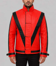Load image into Gallery viewer, Men's Red and Black Real Leather Thriller Jacket with Stand Up Collar
