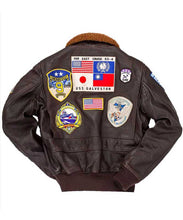 Load image into Gallery viewer, Brown leather jacket with various patches

